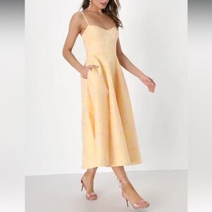 Lulus Meet for Tea Yellow Jacquard Bustier Midi Dress With Pockets Size Small
